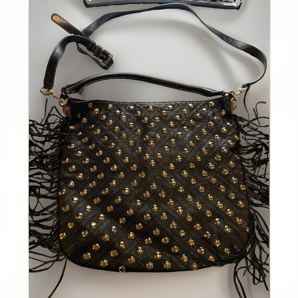 Rebecca Minkoff RareClark Studded Fringe Hobo Bag Black Leather 2 In 1 Crossbody